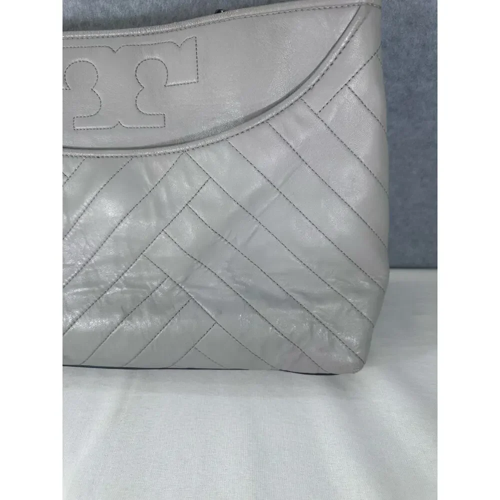 Tory Burch Alexa Quilted Slouchy Soft Leather Tote Purse Grey Pewter Chain